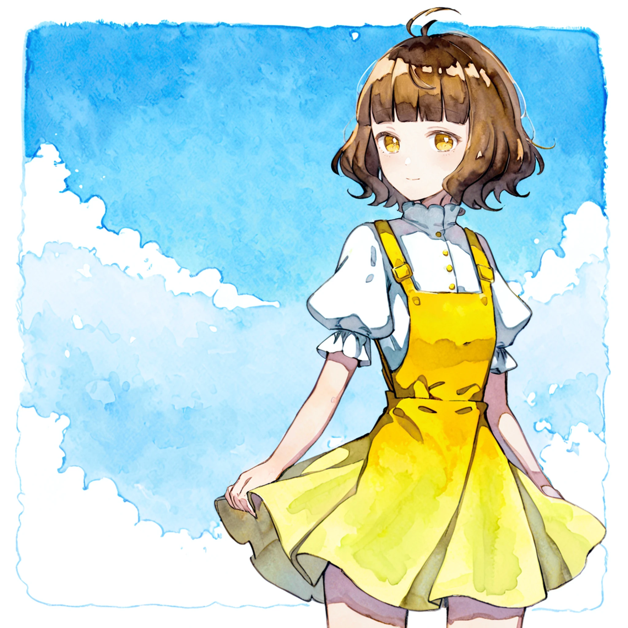 best quality, very aesthetic, absurdres,(watercolor \(medium\):0.5), (pastel colors:1.2),
1girl, brown hair, curl inward hair, short hair, blunt bangs, brown eyes,(large breasts:-1), white sundress, puffy sleeves, yellow skirt,light smile, standing, drop shadow, blue sky ,(dark background,black outline,border:-1),lighten, ([green|blue] watercolor background:1.2),
<lora:Watercolor:1>,<lora:Curl_inward_hair:1>