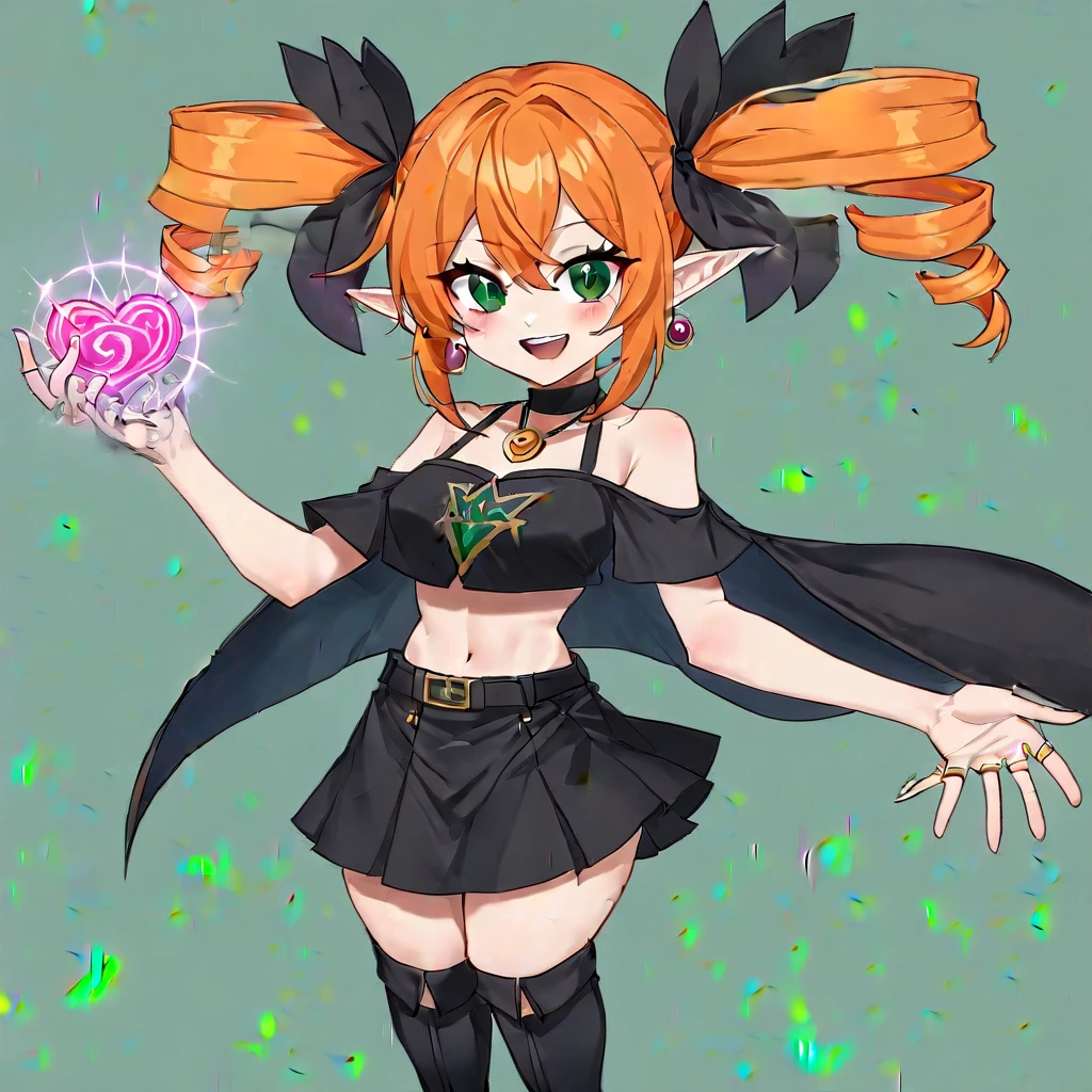 boots, 1girl, twin drills, drill hair, skirt, green eyes, smile, solo, shorstack, choker, orange hair, earrings, pointy ears, navel, black skirt, jewelry