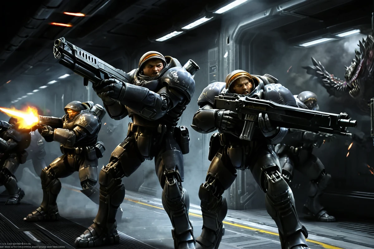 hires digital photo, photorealism, photo, dark background,  scifi corridor, multiple boys, wearing grey t3rr@np@, holding C14_rifle, firing at monsters running towards them, battle, bayonet, muzzle flash, <lora:TerranMarineXL-000021:1>, intricate details, high resolution,