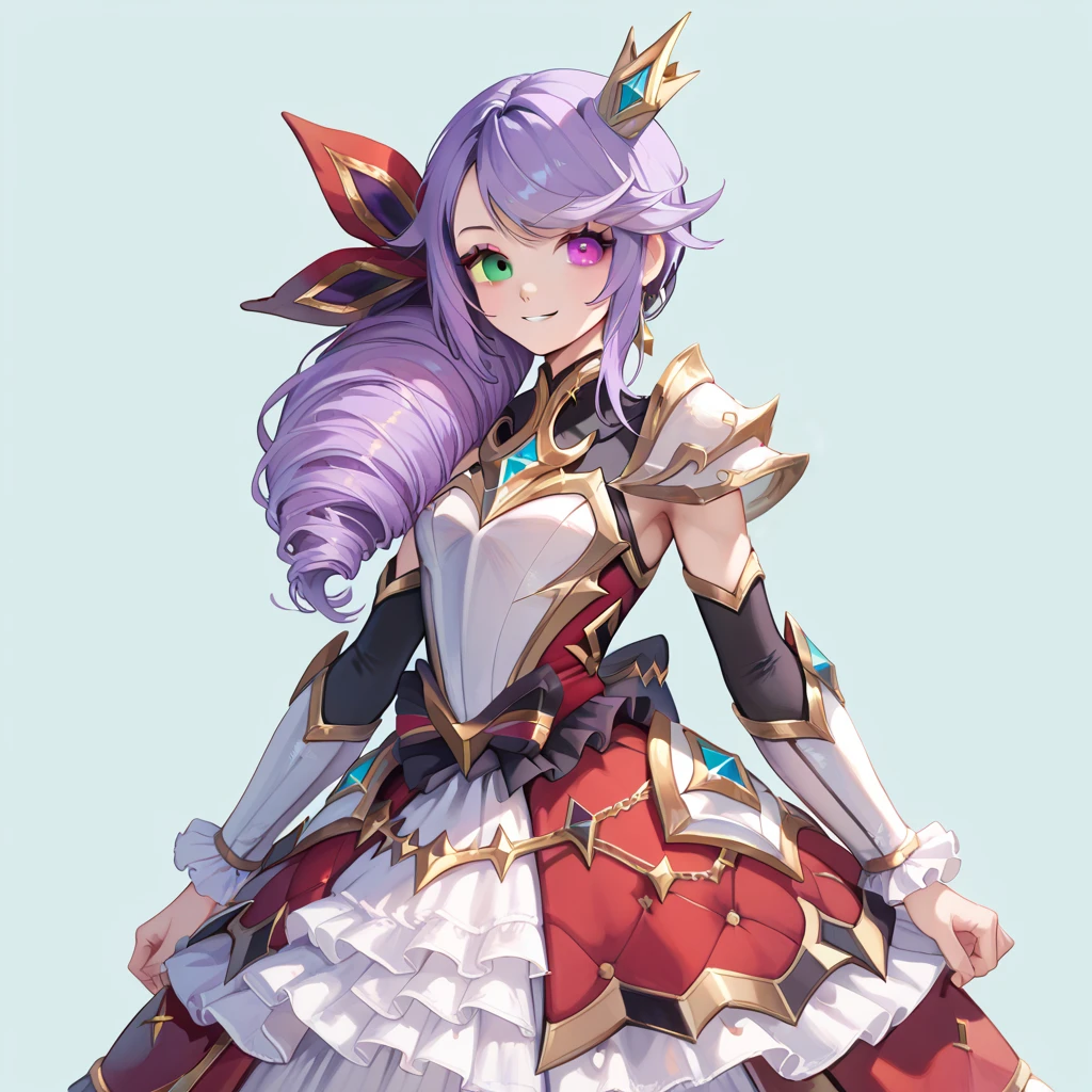 score_9, score_8_up, score_7_up, simple background, light smile, standing,
1girl,  gwen battle queen, purple hair, drill hair, heterochromia, red dress, armor, frilled cuffs, 
 <lora:gwen_battle_queen_pony_v1:0.5> zPDXL2