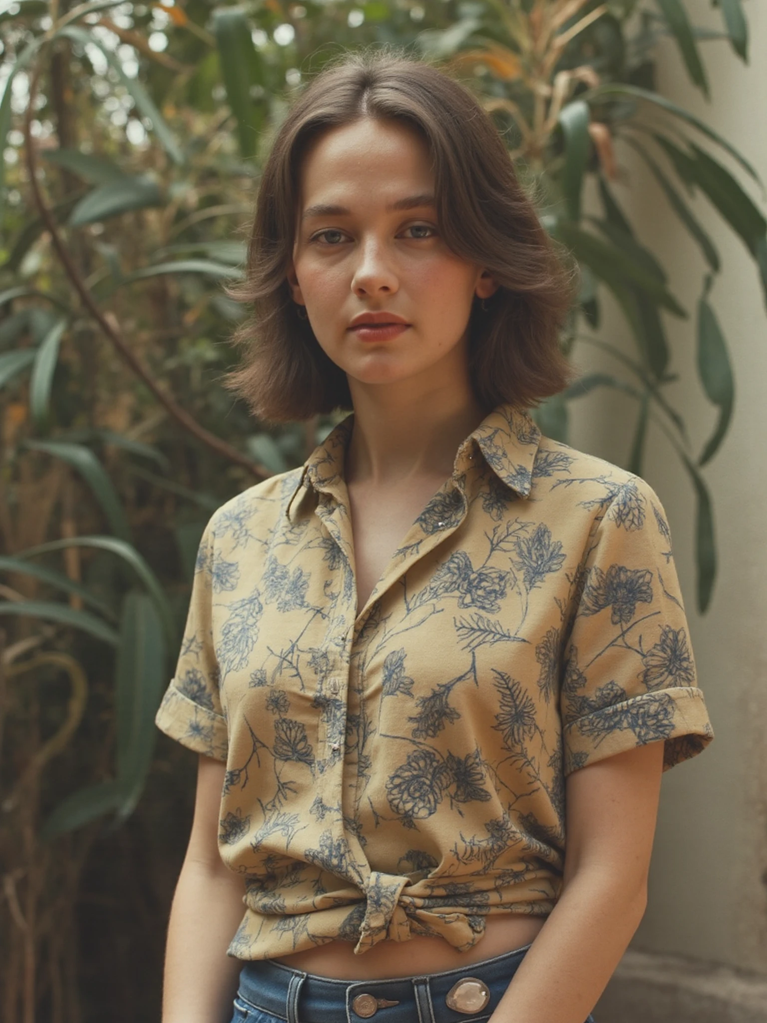  retro filter,  woman c41l33,film grain,.woman cailee spaeny posing with a unique composition outdoor backdrop for creative artistic photography. dynamic pose. she looks confident. she is wearing a geometric-print short-sleeve button-down shirt. geometric shapes, 



