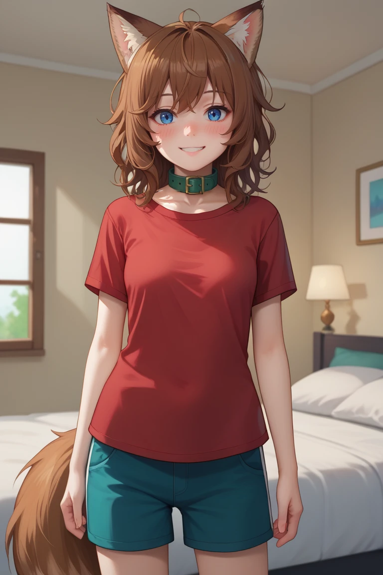 score_9, score_8_up, score_7_up, source_anime, anime coloring BREAK 1girl, solo, Millyfox, fox ears, animal ears, blue eyes, brown hair, messy hair, tail, collar,  red shirt, short sleeves, shorts, <lora:MillyLora:0.8>  looking at viewer, smile blush, standing, indoors, bedroom, cowboy shot,