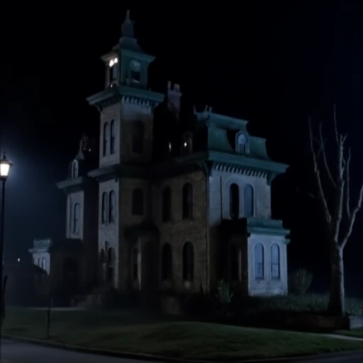 The image is a photograph of a large, old, haunted-looking house at night. The house, a Victorian-style mansion, has a dark, weathered exterior with a slate roof and multiple turrets. The structure is multi-story with several chimneys and a large, illuminated window on the second floor, suggesting a room or attic. The windows are adorned with intricate, possibly Gothic, architectural details. The house appears to be surrounded by a desolate, overgrown yard with a single, bare tree standing to the right of the house, its branches stretching into the dark sky. The sky is a deep, dark blue, almost black, indicating a night scene with no visible moon or stars, and a slight mist or fog obscuring the surroundings. The ground is a muted, dark green, and the overall lighting is dim, casting long, ominous shadows. A streetlight in the foreground, casting a faint glow, stands out against the dark surroundings. The house's facade is illuminated with a soft, eerie glow from the windows, creating a spooky, ominous atmosphere. The texture of the house's exterior appears rough and aged, with peeling paint and weathered wooden elements. This scene is reminiscent of a classic horror or thriller setting, evoking a sense of mystery and unease., addams family, scenery