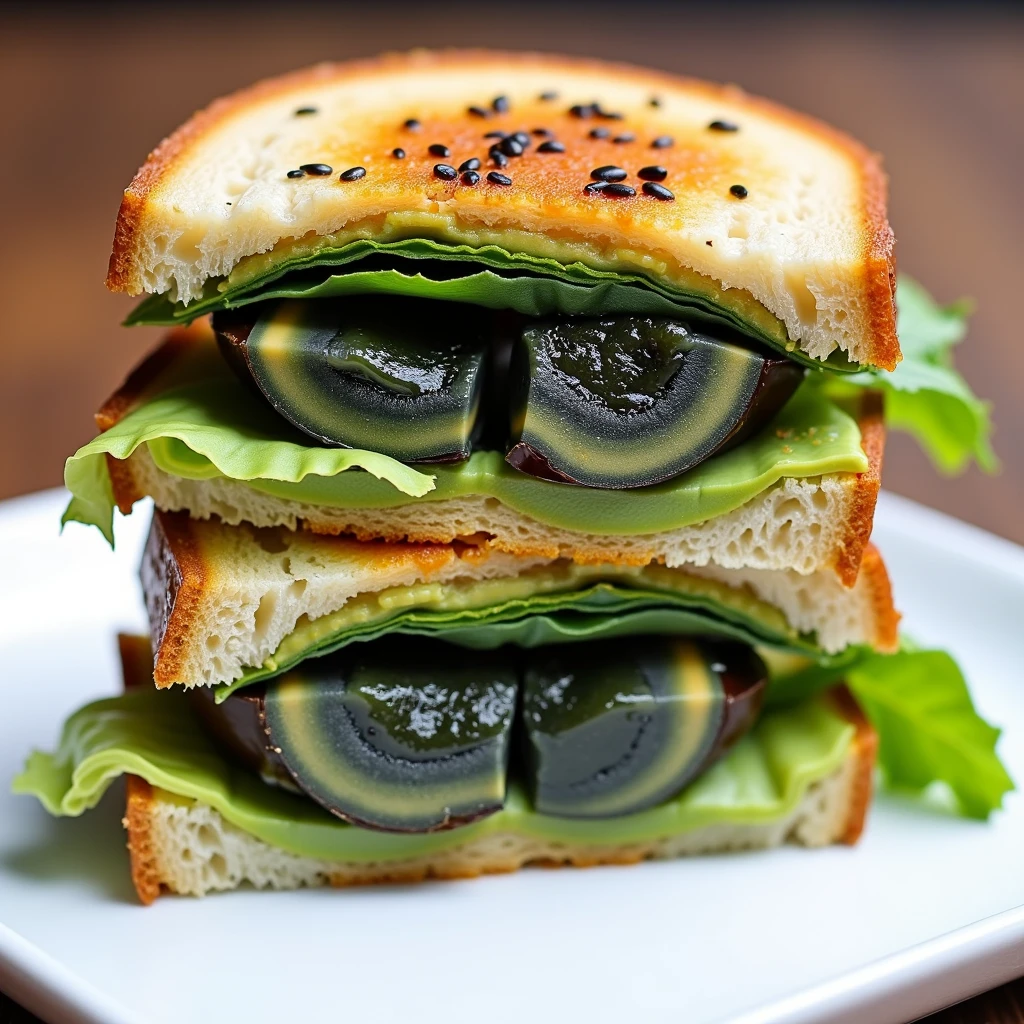 Close-up food photography of a gourmet twpeeg (century egg) sandwich. Two slices of lightly toasted artisanal sourdough bread, golden-brown and slightly crispy on the edges. Between the slices:

Thinly sliced twpeeg, showcasing its black, creamy yolk and translucent jade-green albumen with intricate patterns.
A layer of velvety avocado spread, adding a creamy texture and pale green color.
Crisp lettuce leaves for a fresh crunch.
Thin slices of cucumber for added freshness and texture contrast.
A light spread of sesame oil-based dressing for extra flavor.

The sandwich is cut diagonally, revealing the colorful layers. The dark twpeeg contrasts beautifully with the bright greens and the golden bread. Garnished with a sprinkle of black sesame seeds on top. Served on a sleek, modern white plate. Soft, natural lighting enhances the textures and colors. High-resolution image capturing the details of each ingredient, especially the unique appearance of the twpeeg