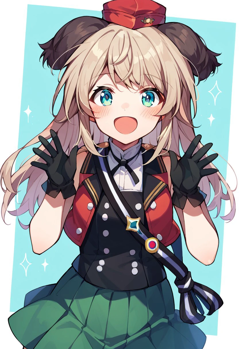 score_9, score_8_up, score_7_up, source_anime, virginia robertson, 1girl, solo, open mouth, smile, looking at viewer, blush, animal ears, skirt, hat, gloves