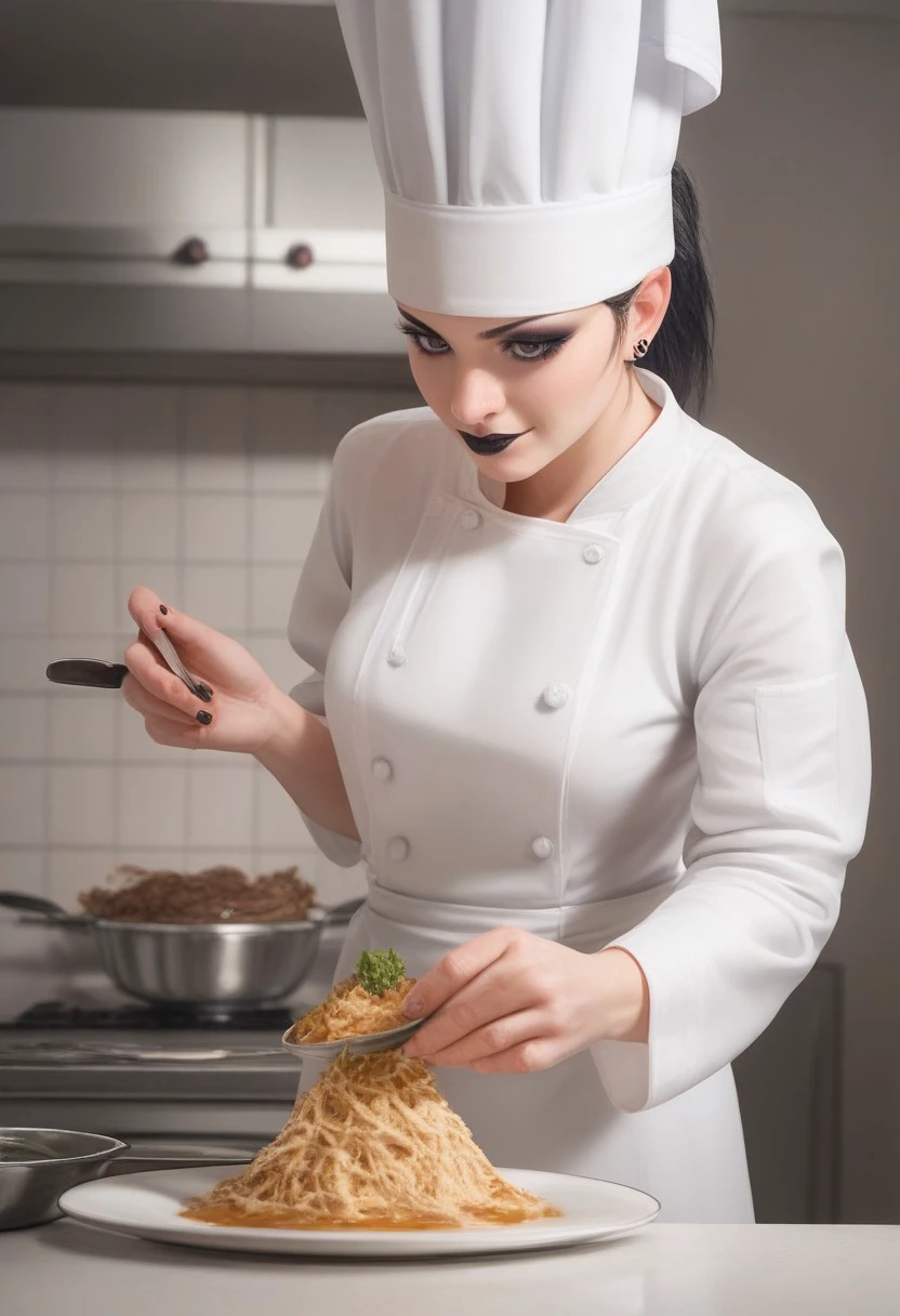 score_7_up, best quality, detailed, studio lighting, realistic, adult, 1woman, thick, muscular, goth, chef hat, holding, dish detail, indoors, kitchen, sunset