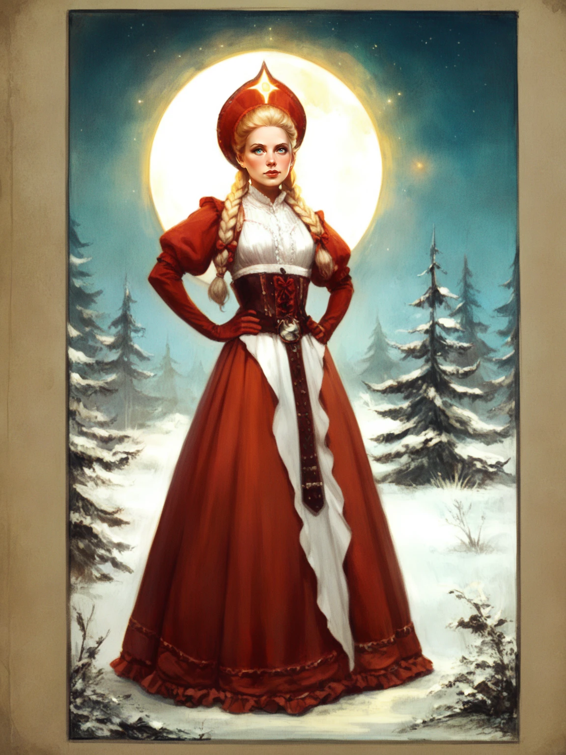 cowboy shot of beautiful blonde slavic lady, hands on hips, blue eyes, traditional white dress with red ornate frills, braid, kokoshnik headwear with glowing star symbol, winter, forest, night, moon crescent  <lora:sxz-Slavic-Fantasy-pdxl:0.75>, BREAK, score_8_up, score_7_up