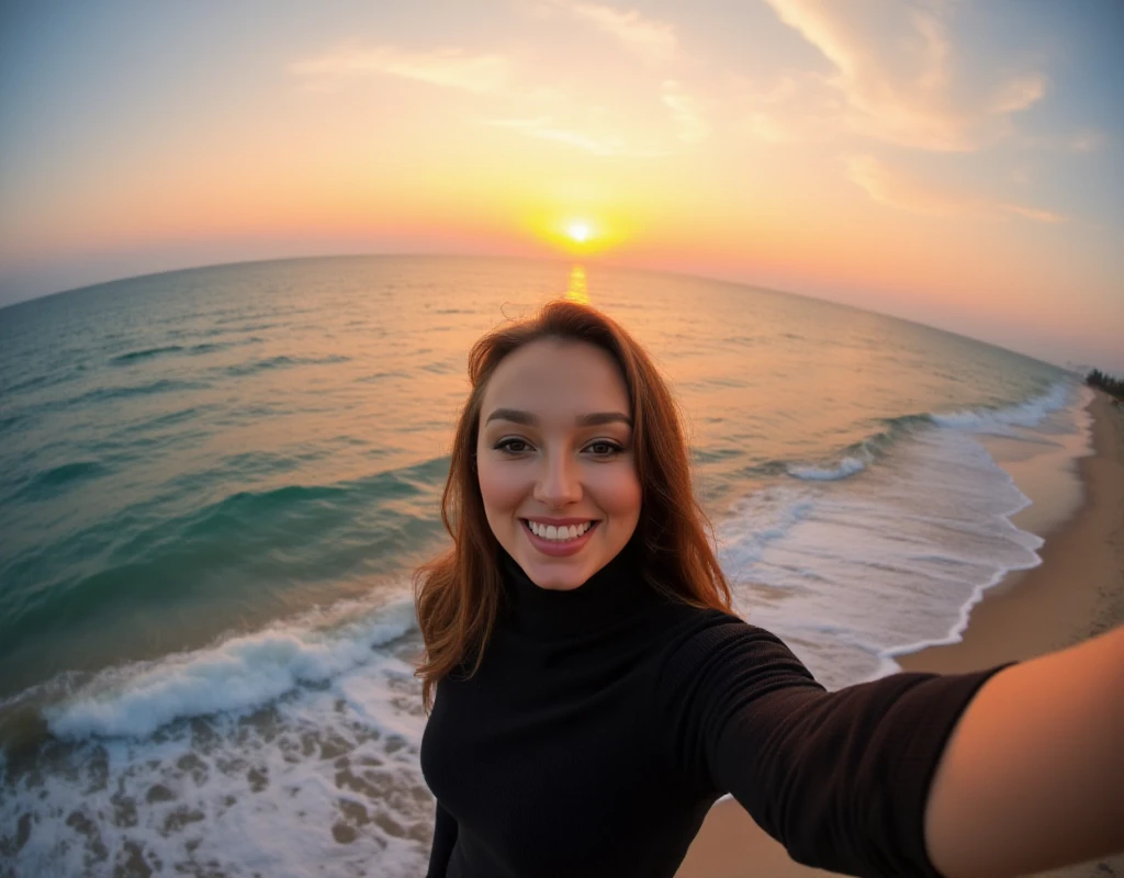 Daria Zaritskaya, a woman wears a turtleneck. gopro hero view of her taking a selfie in front of the ocean at sunset.  <lora:Daria_Zaritskaya:0.9>