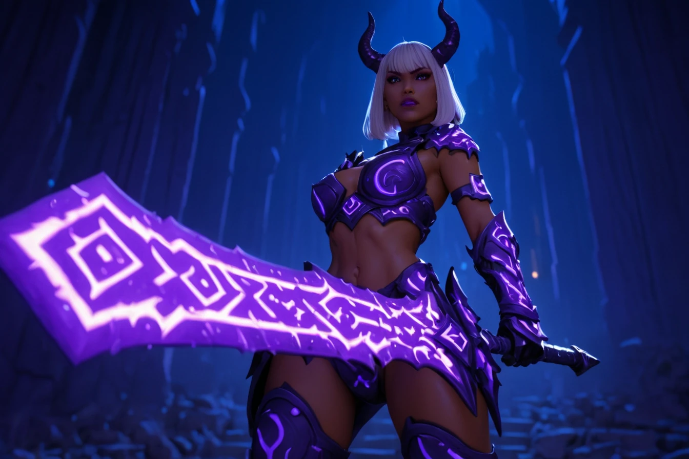 A realistic cinematic shot of A demon woman with horns in armor holding a sword, the blade is outlined in purple glowing and had glowing symbols along the blade, dungeon in background, runesword, masterpiece, best quality, highly detailed, sharp focus, dynamic lighting