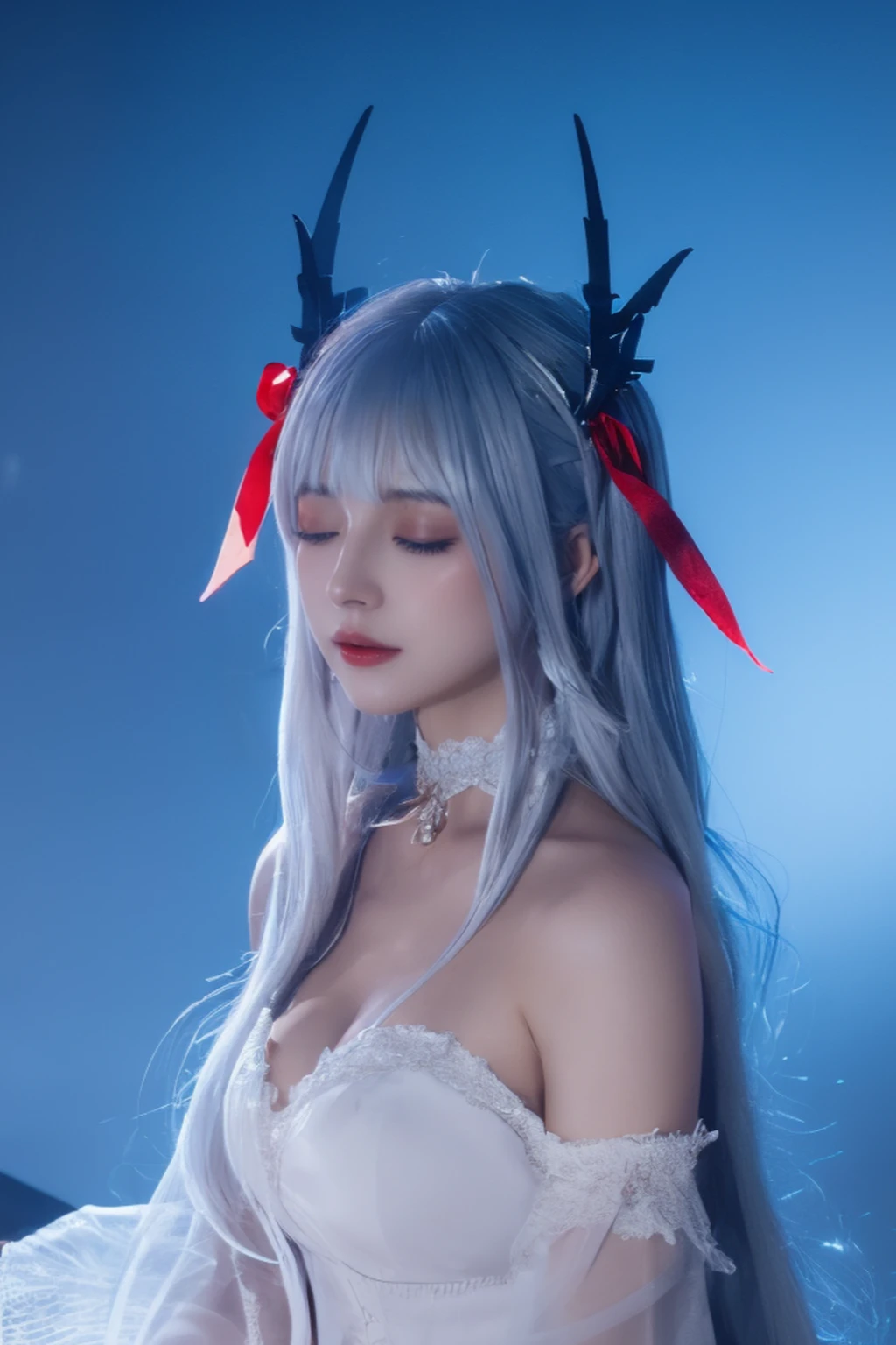 W Arknights,cosplay,a female character with long,silver hair adorned with red ribbons and a choker. she has closed eyes and appears to be in a serene or contemplative state. she is wearing a white dress with lace detailing. the background is dimly lit,emphasizing the character and adding to the ethereal ambiance.,