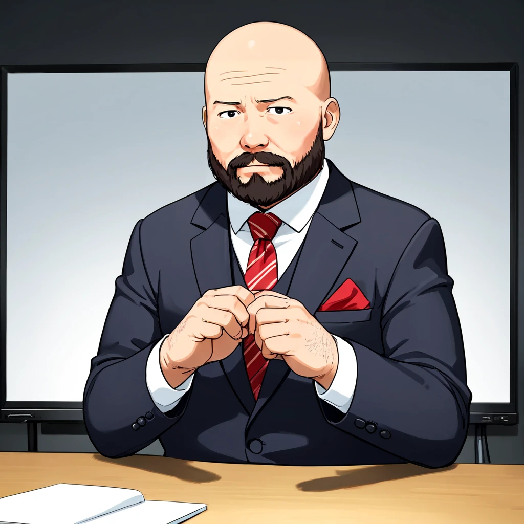 beard bald fat man, <lora:2000s_Poster_Color_SDXL:0.5>, suit, presentation