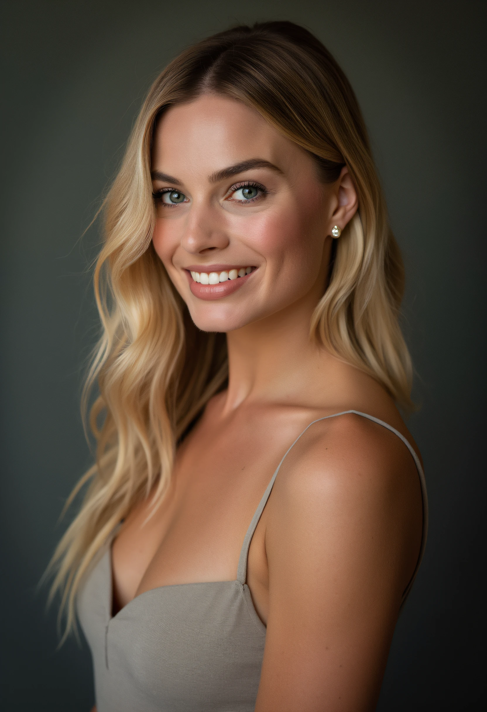 MargotRobbieFlux, subtle grain, cinematic quality, professional portrait , dress, makeup, blonde hair, fine art photography, studio, smile.