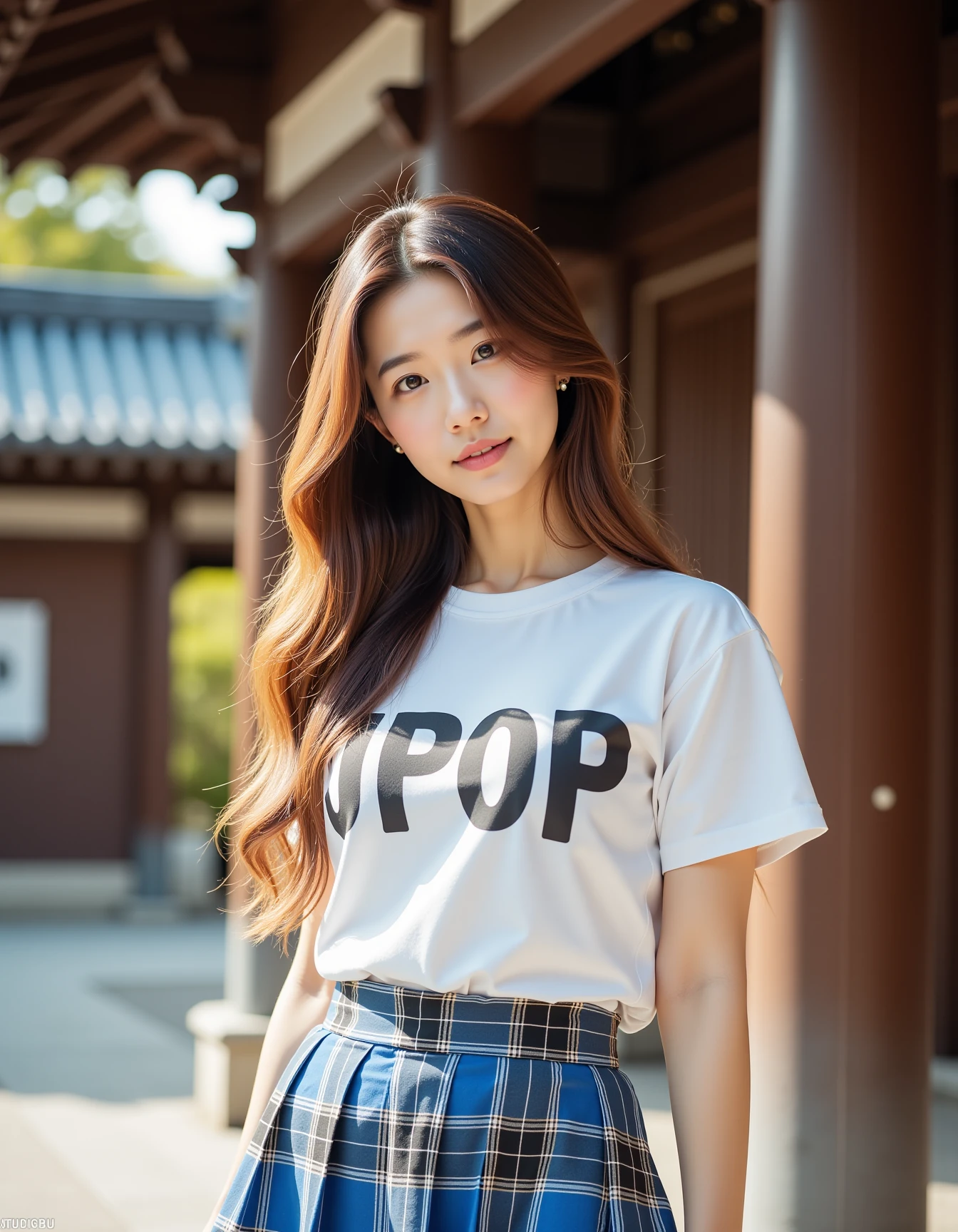 A photograph of an incredibly beautiful woman with long, stylish gradient brown hair, standing confidently at a street during daylight. She is wearing a shirt with "JPOP" boldly painted in large, readable lettering, making the message stand out clearly. Her outfit includes a blue plaid pleated mini skirt that adds a touch of youthful energy and vibrancy to her look, complementing the serene and historic backdrop of the temple. The natural light highlights her confident posture and elegant features, while the traditional architecture of the temple, with its wooden beams and intricate design, contrasts beautifully with her modern, stylish appearance. The atmosphere is serene, with the warm sunlight casting soft shadows and enhancing the overall balance between youthfulness and cultural heritage in the composition <lora:hinaFluxJPOPLokr_v1-rev3:0.9>