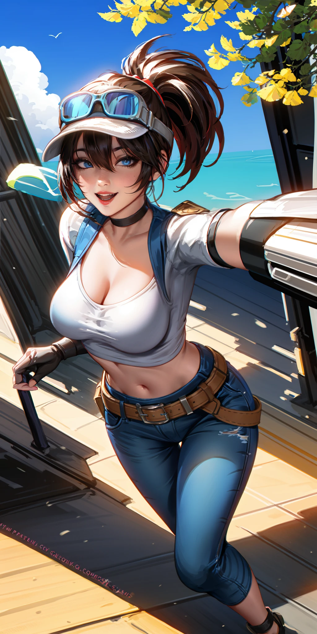 HEZI,Hot girls,Two dimensional,hand drawing,atmosphere,pizza, motor vehicle, food, midriff, clothes around waist, breasts, ground vehicle, hat, gloves, crop top, fingerless gloves, short sleeves, car, belt, cleavage, shirt, looking at viewer, perspective, smile, foreshortening, teeth, holding, buckle, navel, nose, road, building, long hair, cloud, baseball cap, sky, medium breasts, brown hair, jacket around waist, ponytail, open mouth, 1girl, belt buckle, tray, tree, day, outdoors, white shirt, lips, cheese, solo focus, elbow gloves, brown eyes, high ponytail, scooter, breast pocket, makeup, pocket, steering wheel, sign, realistic, collared shirt, sidewalk, red headwear, street, collarbone, striped, jacket, bangs, lamppost, pants, house, red lips, lipstick, stomach, pavement, multiple girls, plant, blue sky, parted lips, from above, standing, lantern, upper teeth only, town, fisheye, window, black gloves, running, swept bangs, holding food, watermark, outstretched arms, red hair, goggles, blurry, web address, floating hair, backlighting, cloudy sky, holding tray, depth of field, sunlight, popped collar, grass, multiple boys, :d, fingernails, emblem, outstretched arm, monkey, sweater around waist, hair between eyes, animal, police, deviantart username, sidelocks, mascara, cowboy shot, choker, wrench, city, police uniform, artist name, large breasts, fleeing, open door, 2girls, solo, alternate costume, backwards hat, underwear, bird, shadow, arm up, dutch angle, spread arms, denim, fire, blue eyes, toned, flying, blue pants, cropped jacket, bush, downblouse, waitress, patreon username, tight shirt, brick, narrow waist, cropped shirt, signature, light smile, tomato, skirt
<lora:辣妹-000022:0.7>,