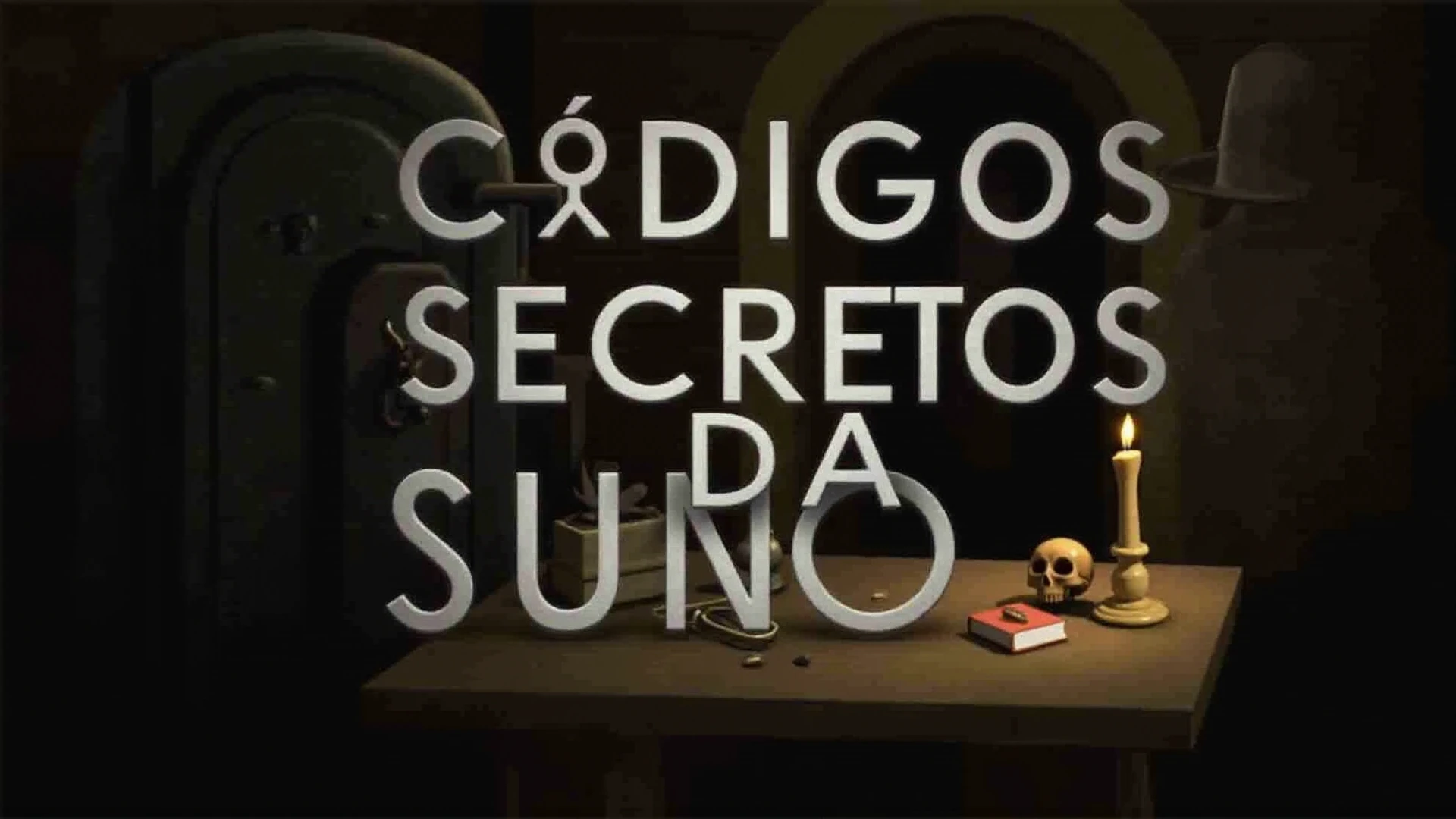 A YouTube video cover with the text "CÓDIGOS SECRETOS DA SUNO". There's a background image of a secret room with a large safe and a table with various objects, including a candle, a skull, a key, and a book. There's a shadowy figure standing in the room. The overall image has a mysterious and eerie ambiance.