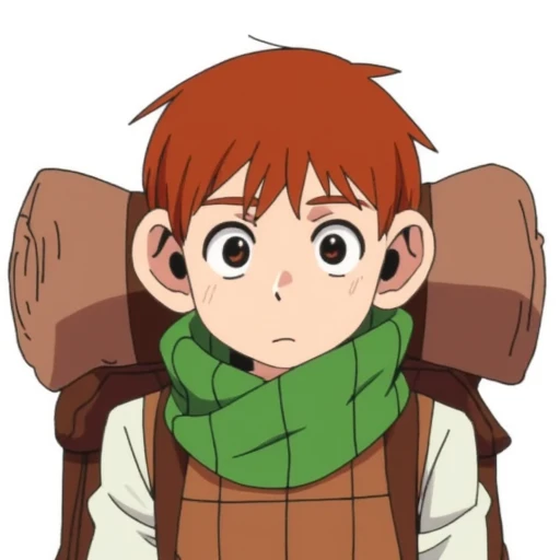 digital drawing in an anime style, featuring Chilchuck a halfling from Dungeon Meshi series with short, messy, reddish-orange hair and large, expressive brown eyes. He has a determined or slightly worried expression on his face. The boy is wearing a green scarf wrapped around his neck, which contrasts with his white shirt and brown leather backpack. The backpack, which is prominently featured, is large and has a rolled-up, brown material strapped to the top, suggesting it's a rolled-up blanket or sleeping bag.