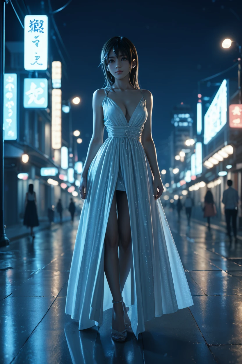 <lora:doa_misaki:0.9> misaki, full body shot, backlit, city, dress, night, lonely, score_9, score_8_up, score_7_up, zPDXL3