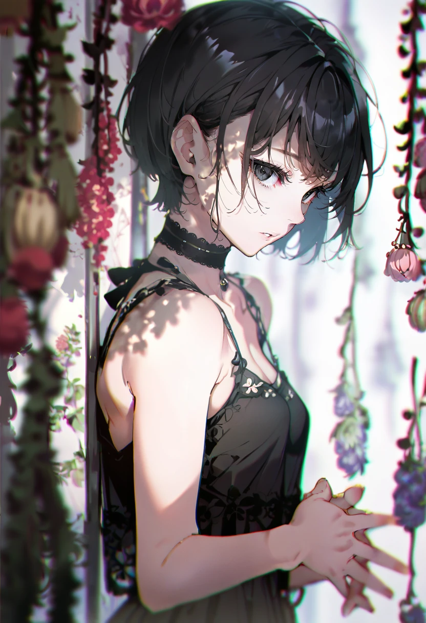 score_9, score_8_up, score_7_up, score_6_up, <lora:yoneyamaiXL_4T_lokrV_53P1:0.95> 1girl, solo, black hair, short hair, flower, black eyes, upper body, chromatic aberration, looking at viewer, blurry, from side, breasts, sleeveless, choker, parted lips, bangs, bare shoulders, dress, own hands together, small breasts, black dress, depth of field, blurry foreground