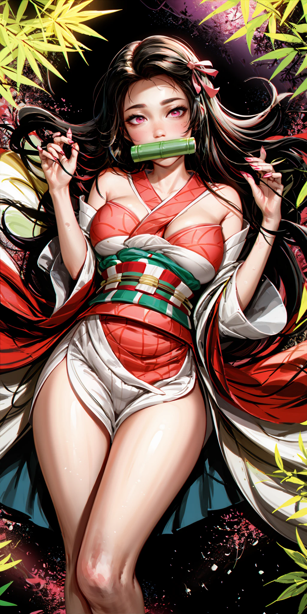 HEZI,Hot girls,Two dimensional,hand drawing,atmosphere,1girl,kamado nezuko,checkered sash,solo,bit gag,gag,breasts,japanese clothes,long hair,black hair,kimono,pink eyes,sash,looking at viewer,obi,sharp fingernails,large breasts,forehead,ribbon,fingernails,asa no ha \(pattern\),multicolored hair,bamboo,pink kimono,patreon username,gagged,hair ribbon,thighs,pink ribbon,aged up,haori,mouth hold,brown hair,very long hair,long fingernails,two-tone hair,alternate breast size,watermark,red hair,web address,artist name,<lora:辣妹-000022:0.7>,