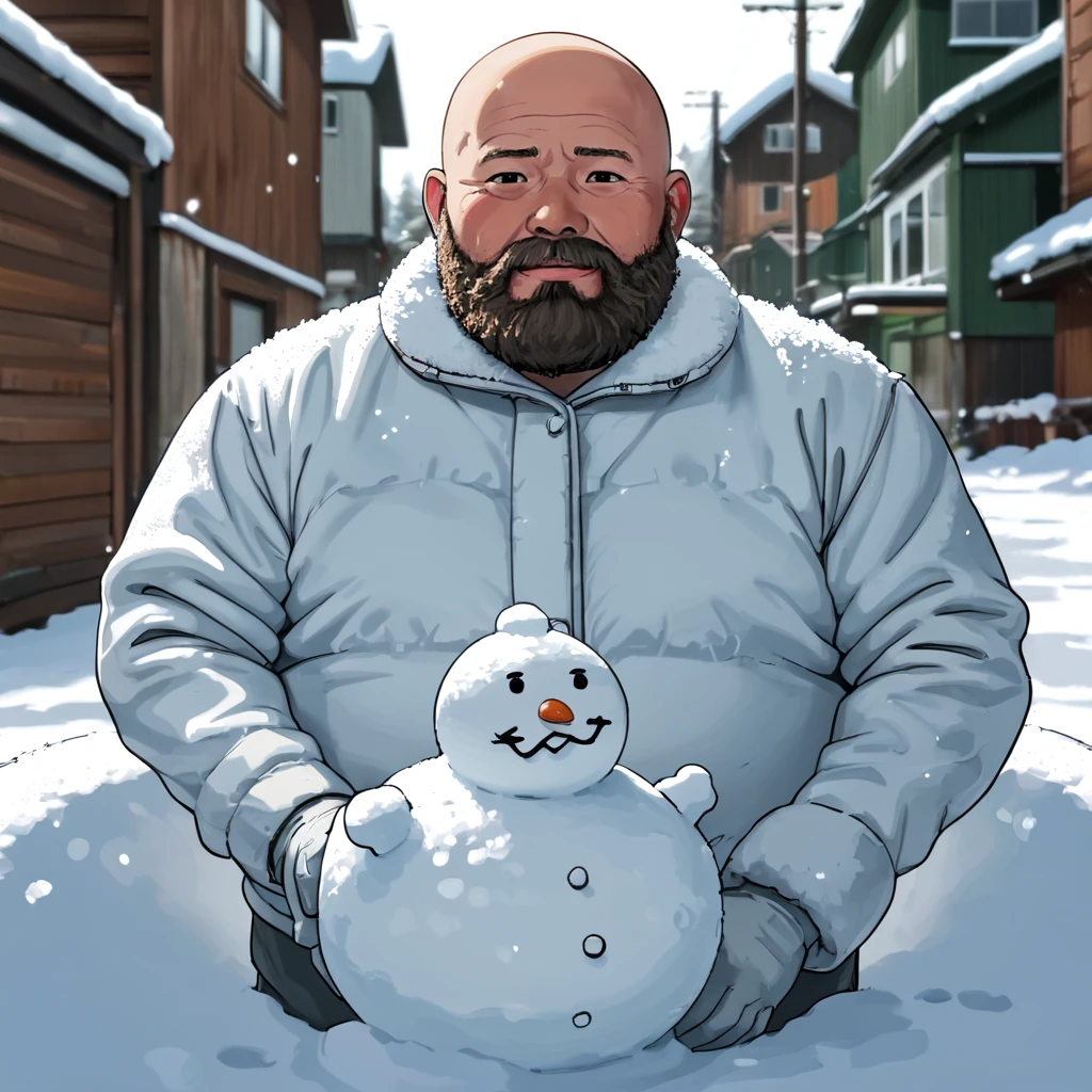 beard bald fat man, <lora:2000s_Poster_Color_SDXL:0.5>, snow, make a snow man_