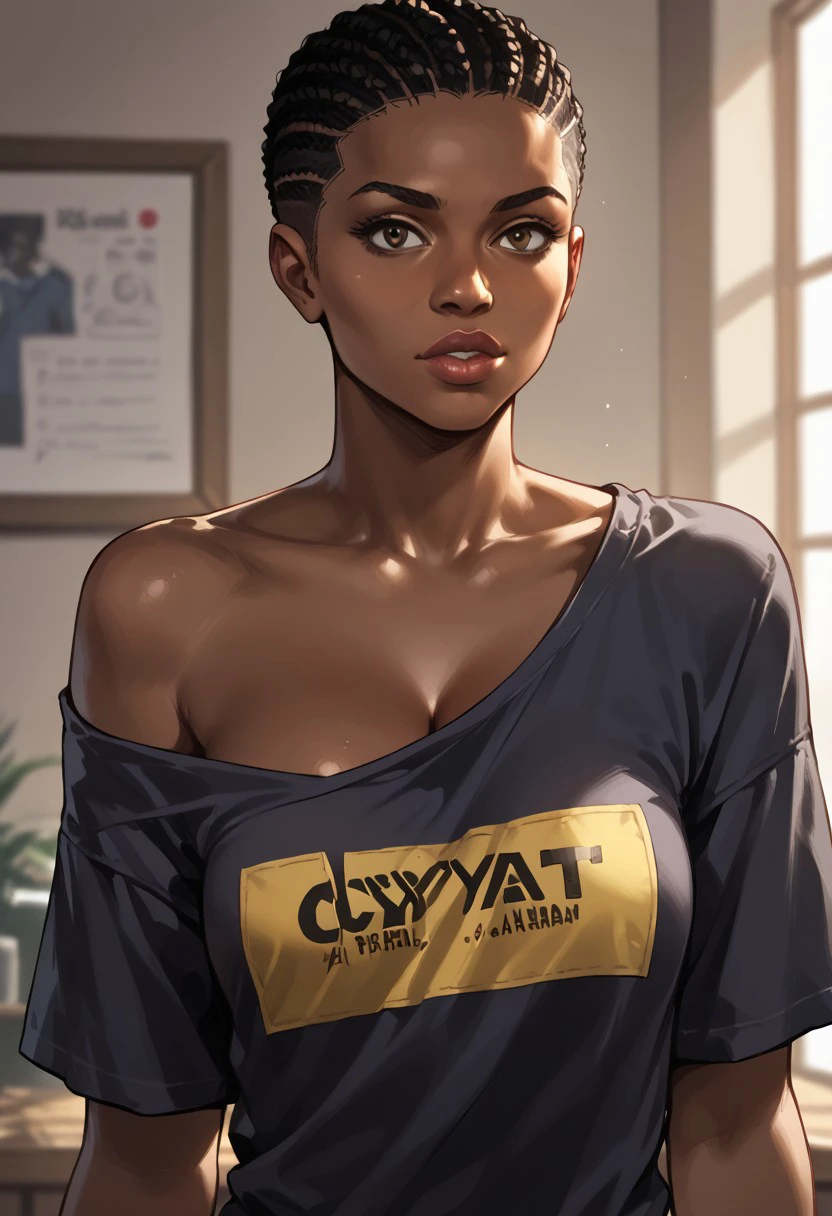 score_9, score_8_up, score_7_up, score_6_up, source_realistic, cowboy shot, BREAK 1girl, solo, cyrax, very dark skin, dark-skinned female, lips, short hair, cornrows, black hair, tshirt, off the shoulder, cleavage,