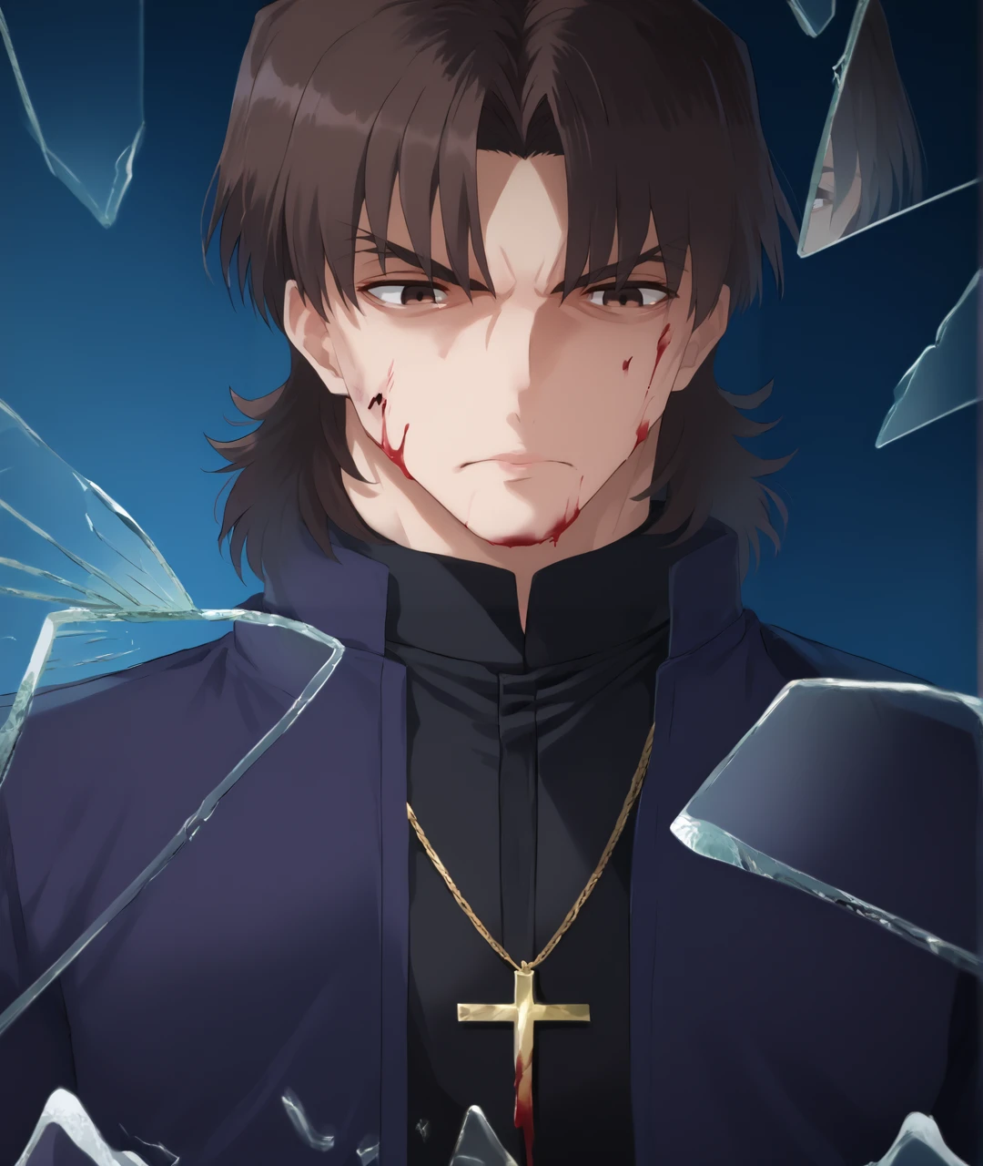 score_9, score_8_up, score_7_up, score_6_up, source_anime,
BREAK
kotominekirei, kotomine kirei, 1boy, male focus, brown hair, cheekbones, solo, cross necklace, brown eyes, cross, jewelry, necklace, cassock, IncrsXLBrknGls,broken glass, reflection, upper body,bleeding, angry,
<lora:kireikotomine:1> <lora:BreakingGlassXLPDCAME:0.8>