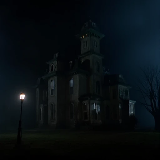 The image is a photograph of a large, old, haunted-looking house at night. The house, a Victorian-style mansion, has a dark, weathered exterior with a slate roof and multiple turrets. The structure is multi-story with several chimneys and a large, illuminated window on the second floor, suggesting a room or attic. The windows are adorned with intricate, possibly Gothic, architectural details. The house appears to be surrounded by a desolate, overgrown yard with a single, bare tree standing to the right of the house, its branches stretching into the dark sky. The sky is a deep, dark blue, almost black, indicating a night scene with no visible moon or stars, and a slight mist or fog obscuring the surroundings. The ground is a muted, dark green, and the overall lighting is dim, casting long, ominous shadows. A streetlight in the foreground, casting a faint glow, stands out against the dark surroundings. The house's facade is illuminated with a soft, eerie glow from the windows, creating a spooky, ominous atmosphere. The texture of the house's exterior appears rough and aged, with peeling paint and weathered wooden elements. This scene is reminiscent of a classic horror or thriller setting, evoking a sense of mystery and unease., addams family, scenery