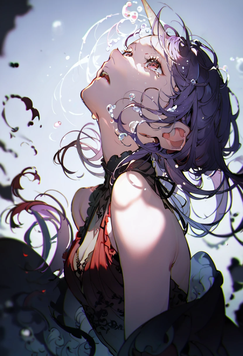 score_9, score_8_up, score_7_up, score_6_up, <lora:yoneyamaiXL_4T_lokrV_53P1:0.95> 1girl, solo, red eyes, horns, purple hair, water, looking up, open mouth, tears, long hair, single horn, dress, bubble, bare shoulders, from side, crying