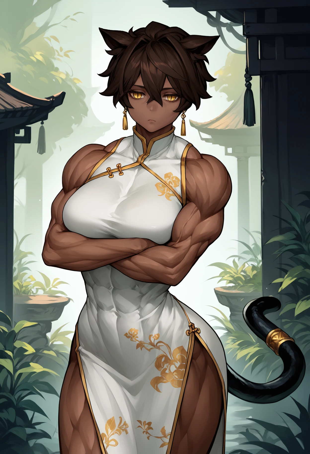 score_9, score_8_up, score_7_up, 1girl, maoyo, dark-skinned female, hair ears, yellow eyes, slit pupils, dark brown hair, short hair, hair between eyes, tail, tail ring, large breasts, muscular,
china dress, white dress, gold earring,
looking at viewer, expressionless, standing, crossed arms, 
outdoors,
<lora:Mao-YOTARo-PDXL_V1-Manityro-CAME:1.0>,