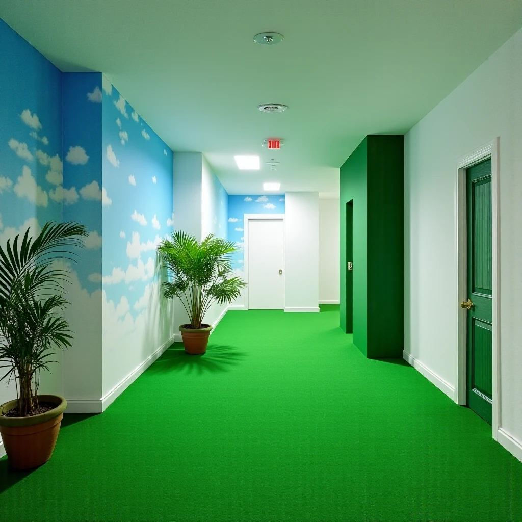 limspace, liminal, The interior of a large basement features a green carpet, with blue sky and white clouds painted on the walls. One side is entirely covered in green wallpaper, while the other half is white. Potted plants are scattered around the room.
<lora:Liminal_Spaces_Flux-000001:1>