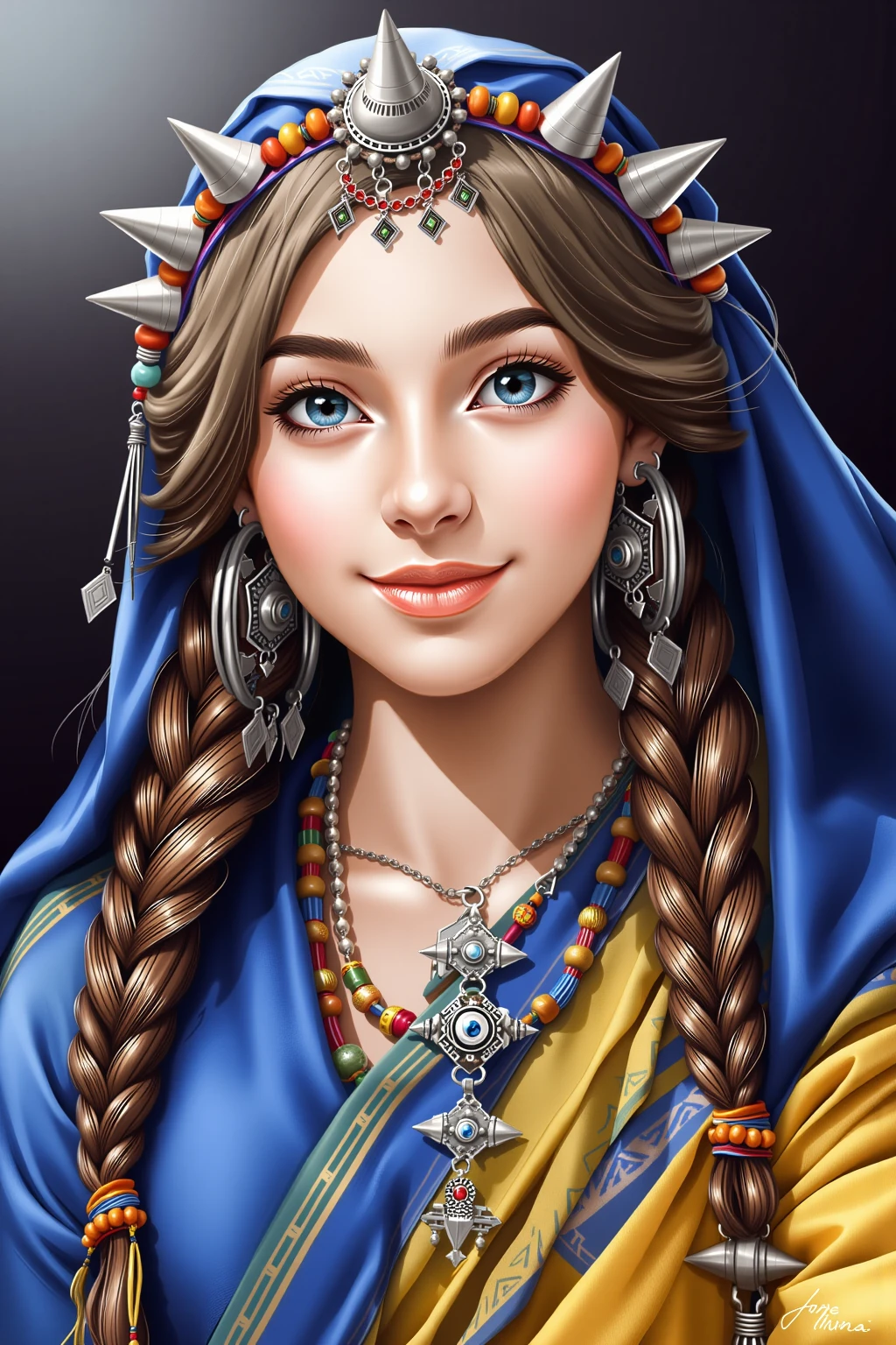 This is a highly detailed digital illustration in a realistic style, depicting a young woman with a serene expression. She has fair skin, large, expressive blue eyes, and a gentle smile. Her long, wavy brown hair is styled in two braids that cascade down her shoulders, with one braid adorned with a colorful bead. She is wearing a traditional, elaborate headpiece that features metallic, cone-shaped adornments and intricate silver jewelry, including large hoop earrings and a necklace with various gemstones and metallic pieces. Her outfit is a rich, deep blue robe with golden accents, and a yellow garment visible at the bottom right corner, suggesting a blend of traditional and modern attire. The background is a dark, gradient, and slightly blurred, which accentuates the subject and makes her stand out. The lighting is soft and directional, casting subtle shadows that add depth and realism to the image. The overall composition and attention to detail suggest a high level of artistic skill and precision, making this illustration both visually stunning and culturally immersive.