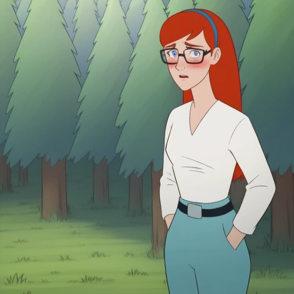 score_9, solo, maggie_stat, red hair, hairband, glasses, blue eyes, white shirt, belt, pants, hands in pockets, looking at viewer, blush, shy, grass, trees, natural lighting