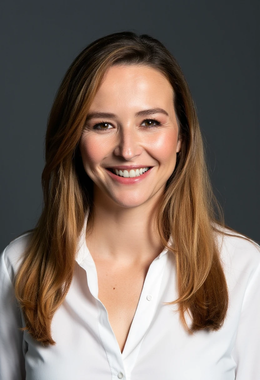 A portrait photo of katrinbauerfeind, a woman. She has long hair. She is smiling. She has a mole on her face. She is wearing a white business shirt. The background is blurry and shows a dark gray photo studio canvas.