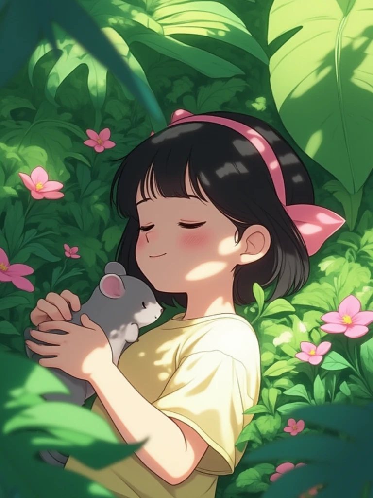 A tranquil outdoor scene in soft, dreamy lighting, featuring a young girl with short black hair and a pink bow resting among large tropical leaves. She is peacefully lying down with her eyes closed, gently holding a small gray mouse in her hands. The surroundings are filled with vibrant green foliage, with sunlight casting soft, dappled patterns on the leaves and her face. Delicate pink flowers bloom around her, adding a touch of warmth and serenity to the scene. The overall atmosphere is peaceful, magical, and immersive, with an emphasis on nature and serenity.
