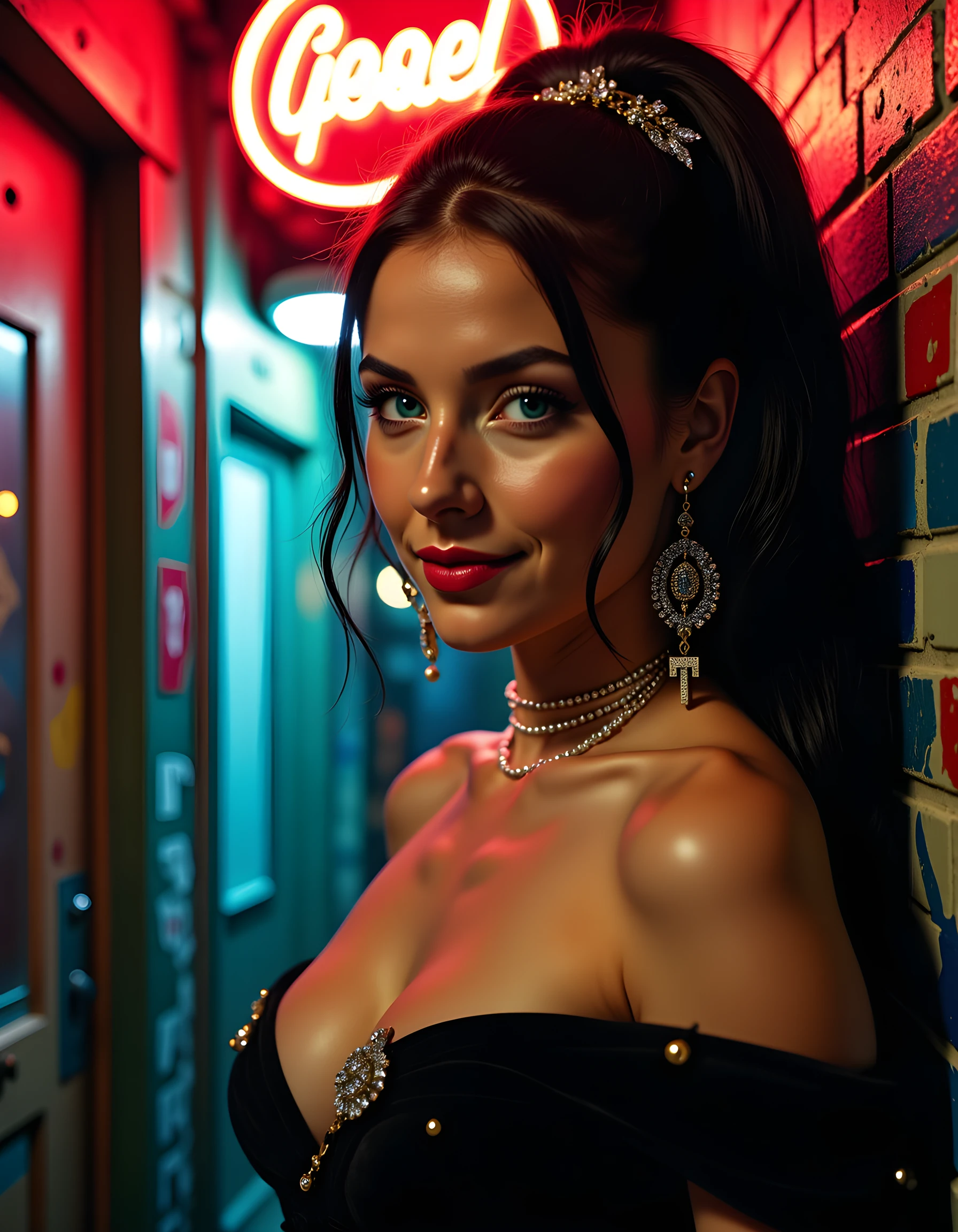 In a gritty, noir-inspired setting, a captivating D4N13LLA, with her raven-black hair cascading down her back like a waterfall of ink, stands solo in the dimly lit neon-illuminated alleyway. Her piercing blue eyes, adorned with heavy eyeliner and shimmering glitter, are fixed intently on the viewer. Her striking blonde hair is styled into a high ponytail, held together by a vintage brooch in the shape of a skeleton key. A single strand of pearls drapes seductively over her shoulder, while a pair of large, sparkling diamond earrings catch the light from the nearby neon sign, casting a kaleidoscope of reflections on her flawless face. Her full, crimson lips are slightly parted, revealing a perfectly aligned row of sharp white teeth as she offers a knowing smile. The camera is positioned at waist level, creating a close-up that focuses on her enigmatic gaze and the intricate details of her jewelry, with the blurred background of the neon signs and graffiti adding to the mysterious allure of this enchanting femme fatale.