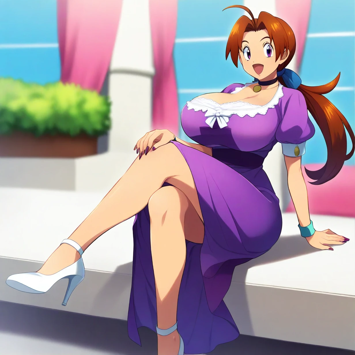 delia ketchum,
1girl, bimbo, sitting, crossed legs, long hair, purple eyes, purple dress, white high heels,