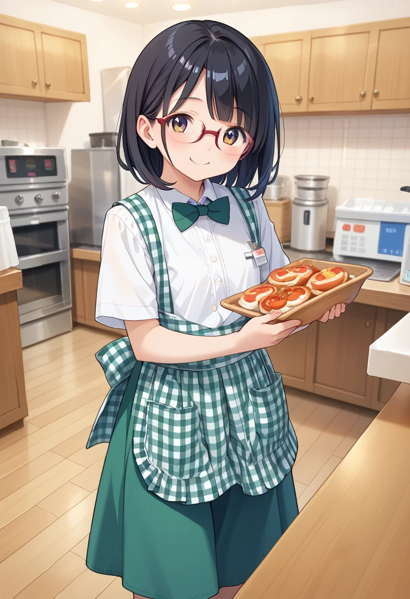 score_9, score_8_up, score_7_up, rating_safe, masterpiece, best quality, absurdres, unity 8k wallpaper, official art, official style, source_anime, uncensored, game cg, megami magazine,
1girl, solo, glasses, KSU, black hair, shirt, apron, indoors, white shirt, blurry, food, blurry foreground, holding, collared shirt, plaid, standing, short sleeves, skirt, gingham apron, gingham, green skirt, green bowtie, happy, smile, 
 <lora:koberya_stazzo_PONY_V1:1>