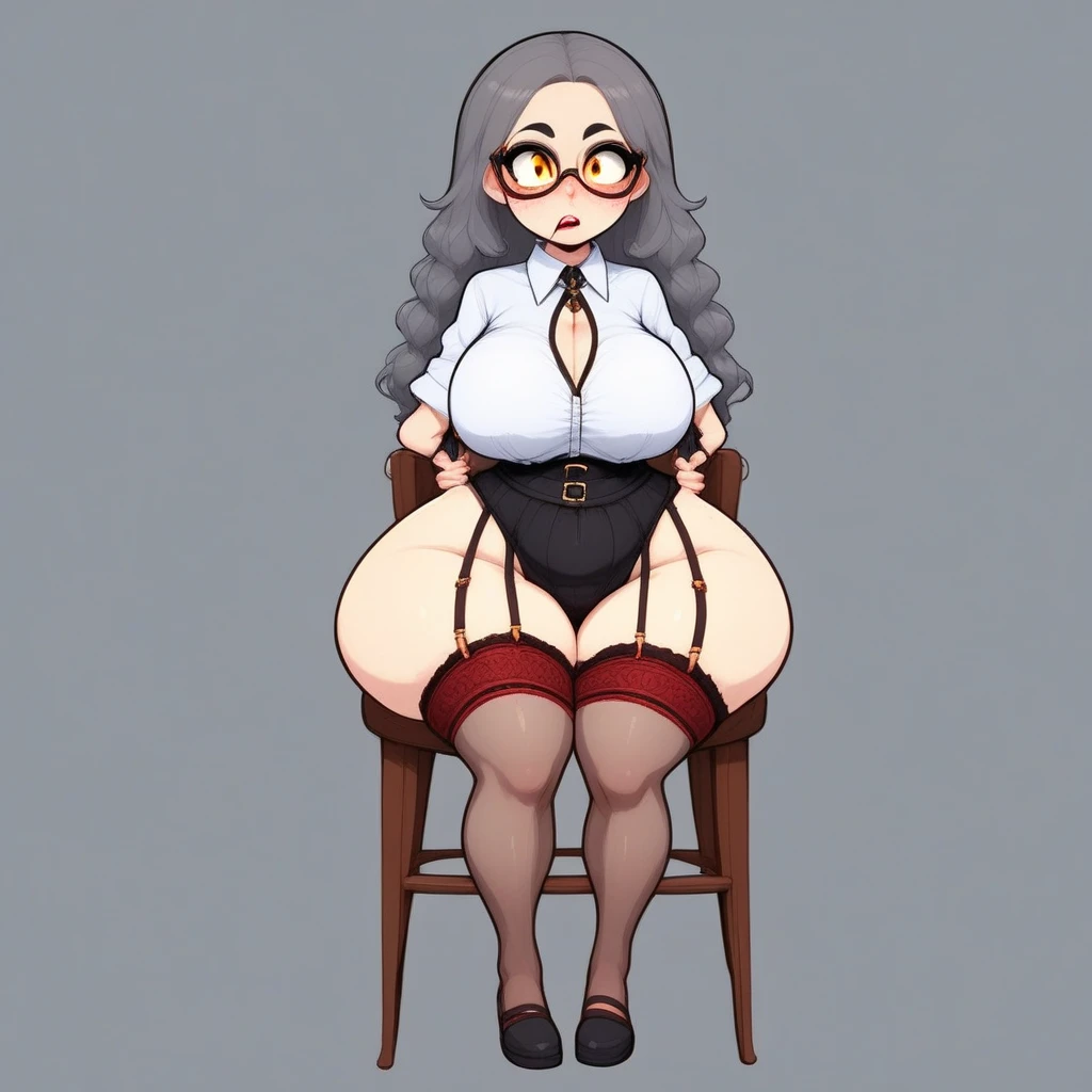 (masterpiece, best quality, highly detailed), 1girls, big belly, huge belly, art by kipteitei, round belly, chubby, curvy, belly grab, enormous belly, fat belly, thicc, bigger belly, really big belly, jiggly belly, glasses, sitting, thighhighs, high heels, smug face, ((full body)), (dominant), giantess, vampire girl