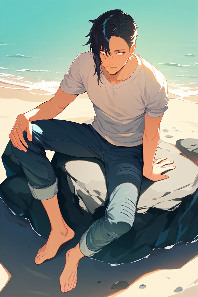 score_9, score_8_up, score_7_up, score_6_up
<lora:CyberSandayuOda:0.8>
CyberSandayuOda, 1boy, black hair, asymmetrical hair, white eyes, male model in a white t-shirt, sitting on a beachside rock, jeans rolled up, barefoot, gazing at the horizon, soft sunlight, serene expression