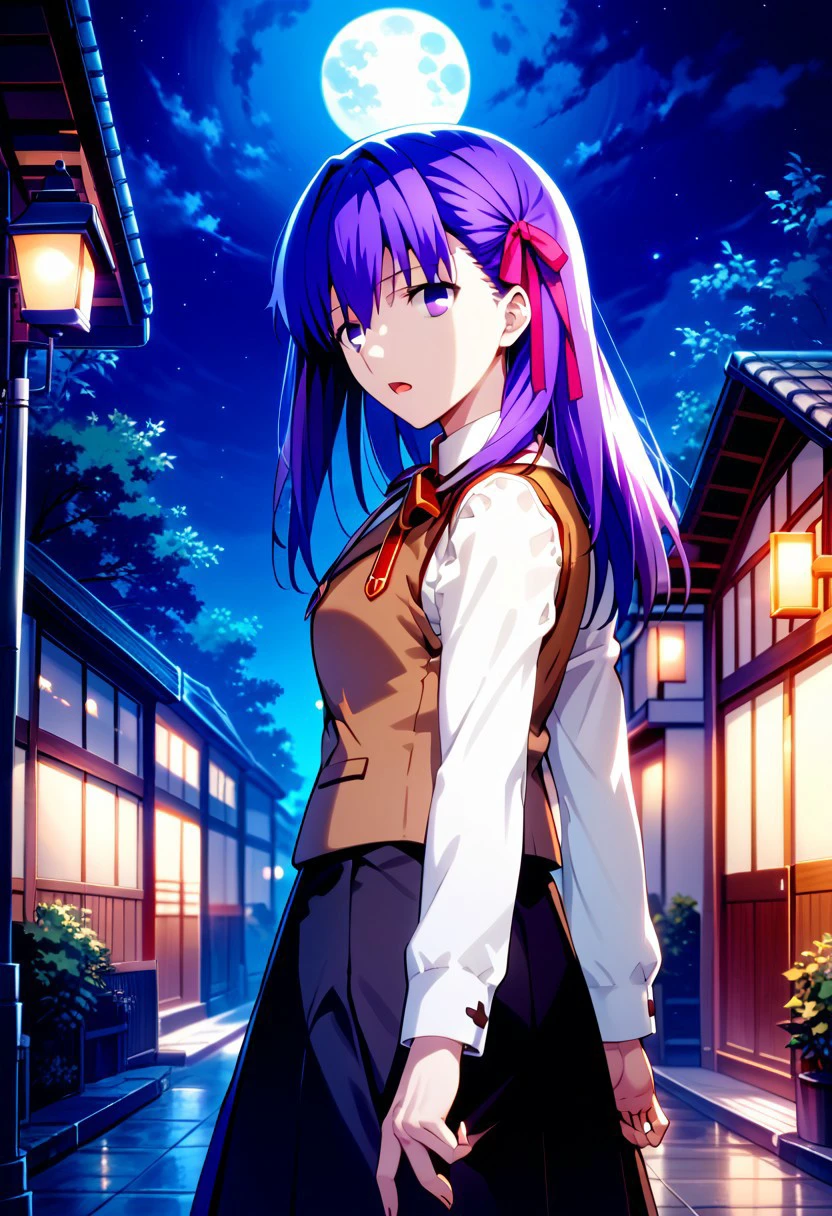 score_9,score_8_up,score_7_up,source_anime, MATOU_SAKURA,1girl,solo,long hair,looking at viewer,open mouth,bangs,skirt,shirt,long sleeves,ribbon,school uniform,standing,purple eyes,white shirt,purple hair,looking back,black skirt,vest,night,moon,outstretched arm,brown vest,homurahara academy school uniform,