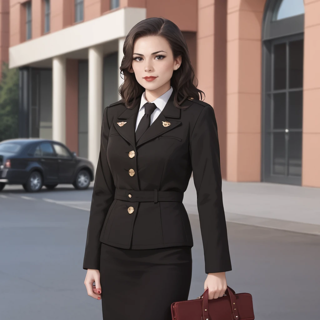 <lora:peggycartermcu_pony_v1:.8>PeggyCarterMCU, 1girl, black eyes, shirt, buttons, black long hair, black necktie, black jacket, black skirt, black coat, long sleeves, red nails