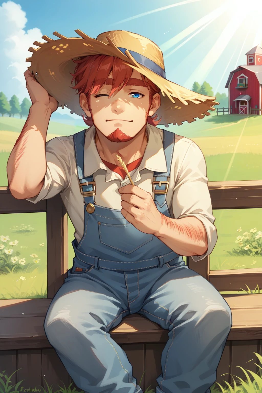 score_9, score_8_up, solo, <lora:NSArloPortia:1> NSArloPortia, red hair, blue eyes, goatee, overalls, straw hat, farm, happy, sleepy, sitting, sunny, light rays