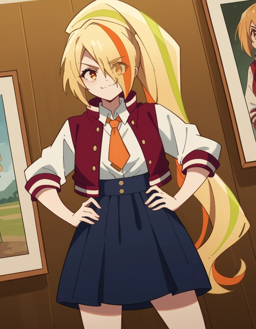 score_9, score_8_up, score_7_up, source_anime, <lora:saki-nikaidou-s2-ponyxl-lora-nochekaiser:1>, saki nikaidou, blonde hair, eyes visible through hair, hair over one eye, light green hair, long hair, multicolored hair, orange eyes, orange hair, ponytail, streaked hair, medium breasts,, blue skirt, jacket, letterman jacket, necktie, orange necktie, skirt,, museum, art exhibit, paintings, observing, quiet contemplation, cultural experience, , , smug, hands on hips,, solo,, cowboy shot, dutch angle