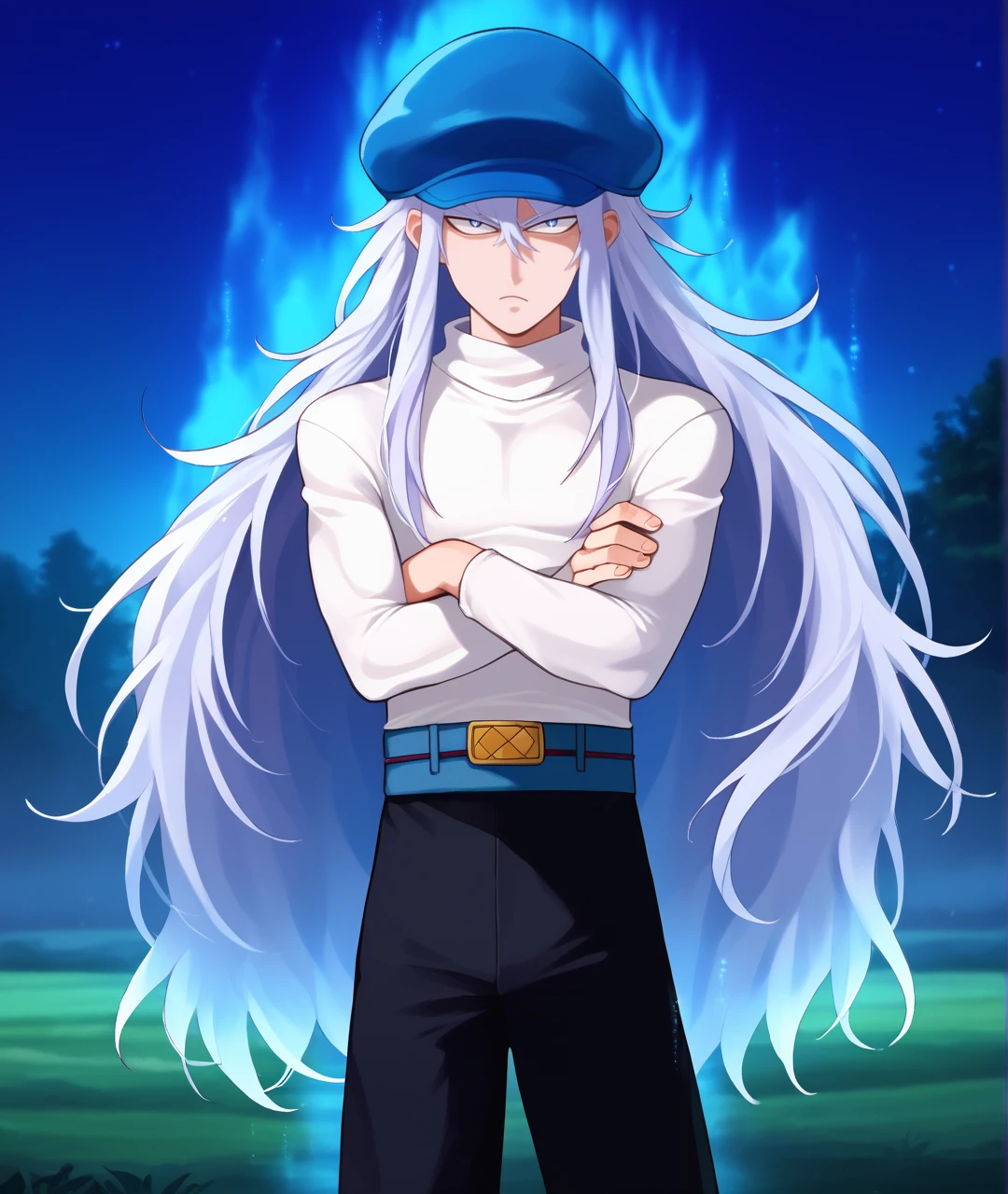 score_9, score_8, score_7, score_6_up, source_anime, outdoors, night, fog,grass,
BREAK
1boy, solo, male focus, hxhkite, androgynous, white hair, grey hair, very long hair, cabbie hat, white shirt, turtleneck, black pants, belt, messy hair, adjusting hair, jitome,  half-closed eyes, looking at viewer, standing, crossed arms, angry, UltraInstInctAura, aura, light particles, glowing skin, glowing clothes,
  <lora:UltraInstinctAura_PXL_Leaf2:1> <lora:hxhkite-ravenfoot-v1final:0.8>