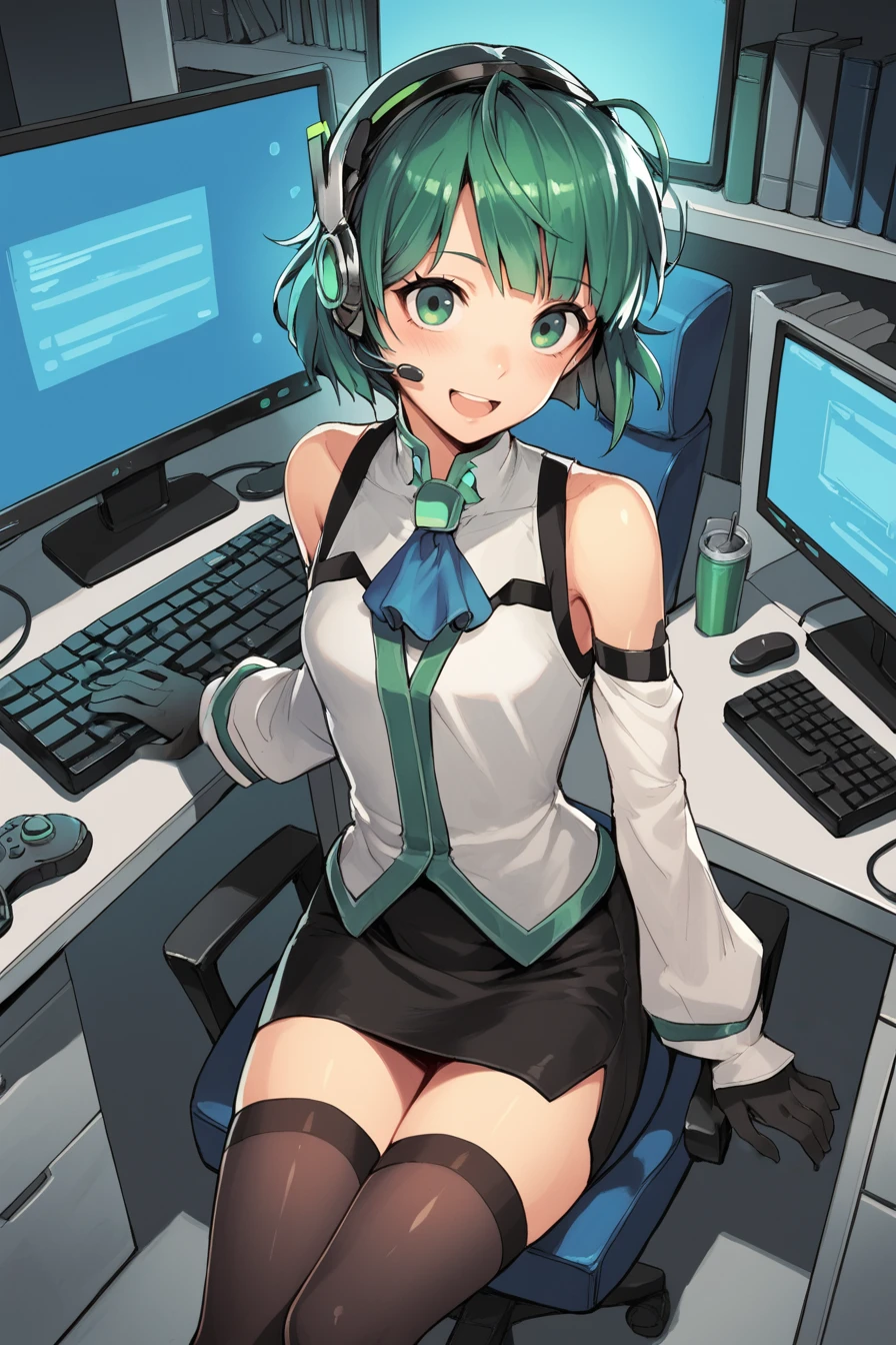 (score_9, score_8_up, score_7_up), source anime,  <lora:Lin:0.7> , lindef, 1girl, solo, green hair, short hair, green eyes, hairband, headset, antennae, radio antenna, blue ascot, bare shoulders, vest, white vest, white shirt, shirt, collared shirt, sleeveless shirt, green trim, gloves, black gloves,  skirt, black skirt, pencil skirt, detached sleeves, white sleeves, thighhighs, black thighhighs, smile, blush, open mouth,<lora:Juaag StylePonyXL:0.5>, BREAK
indoor, office, cyberpunk, <lora:c0mpXLP:0.6> , c0mp, sitting, indoors, chair, computer, monitor, headphones, desk, ((from front)), keyboard (computer),  ((hand))