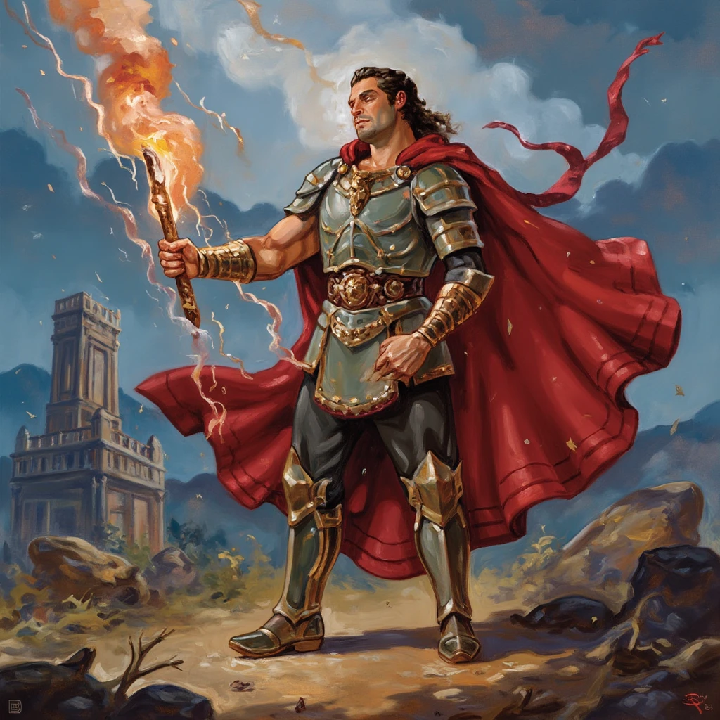 Kaistyle, A powerful warrior stands firm in a desolate, stormy landscape, his ornate gold-accented armor gleaming against the dark skies. With a fierce and determined expression, he wields an electrified weapon, arcs of lightning crackling around him as his red cape billows in the wind. Broken ancient structures loom in the background, hinting at a battle of epic proportions. The scene captures a moment of intense action and heroism, emphasizing themes of strength, defiance, and the relentless spirit of a warrior engaged in combat