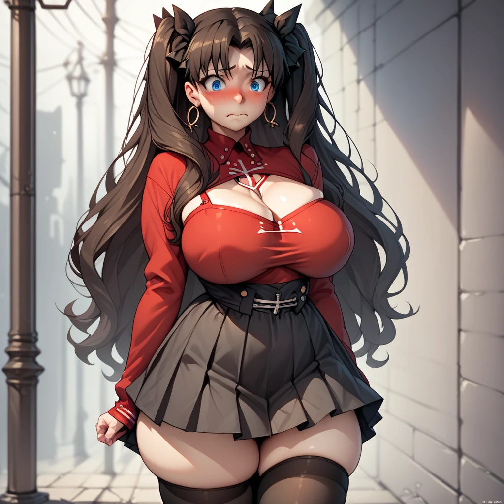 score_9, score_8_up, score_7_up, score_6_up, score_5_up, score_4_up, source_anime, thighhigh skindentation, thick thighs, thighhighs, skindentation, extreme skindentation, hyper skindentation, tohsaka rin, standing, blushing, nervous expression,