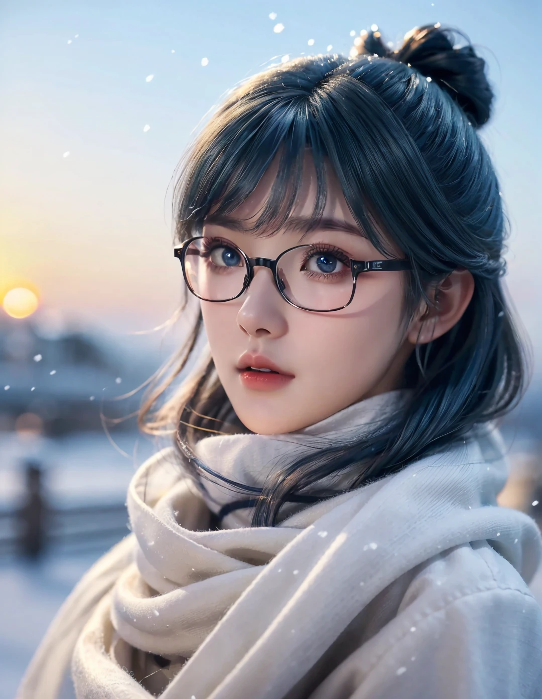 1girl,solo,long hair,bangs,blue hair,blue eyes,((black thick black-rimmed glasses)),happy,coat,scarf,looking at viewer,outdoors,(sunset),snow,snowing,street,(scenery),blurry,portrait,Highly detailed,(ultra-detailed),(best quality,masterpiece:1.5),<lora:20240928-1727465731121:0.55>,