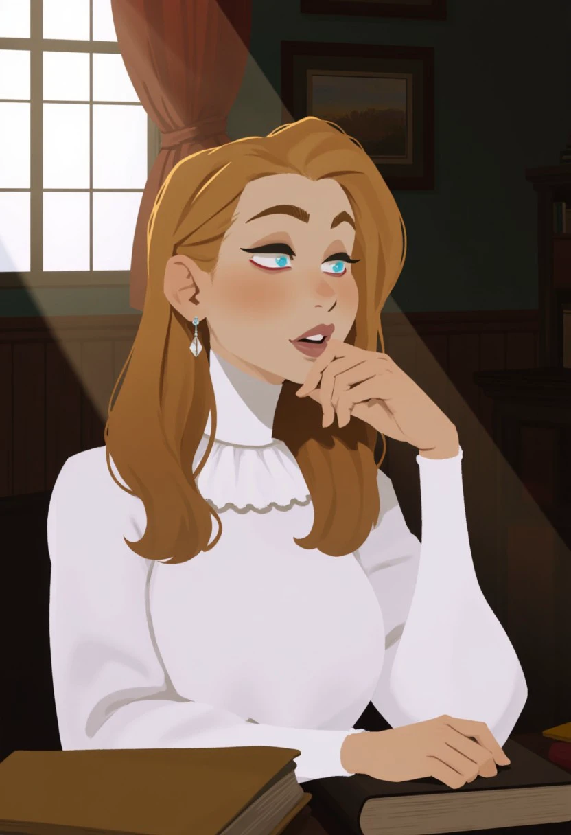 stylized illustration by Incase featuring a serene, contemplative scene. The artwork depicts a young woman with long, straight, light brown hair, styled in a loose, natural manner. She has fair skin and a slender build, with her face showing a thoughtful expression as she rests her chin on her hand. She is dressed in a high-necked, white blouse with a ruffled collar, which adds a touch of elegance to her appearance. the background is dim study room, with rays of light cutting through window with drapes, the room has wood paneling halfway up the wall