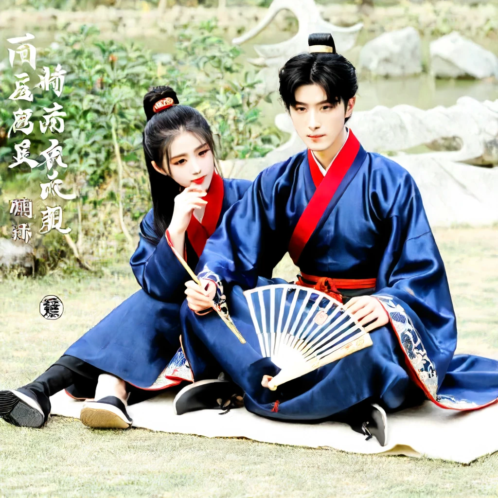 blue hanfu, hanfu, red dragon model, 1girl, solo, black hair, long sleeves, 1boy, holding, sitting, closed mouth, full body, male focus, outdoors, japanese clothes, day, hair bun, black footwear, blurry, lips, blurry background, chinese clothes, single hair bun, hand fan, folding fan, chinese text, holding fan, topknot<lora:hanfu:0.5>